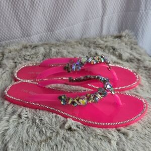 Cape Robbin Neon Pink Jeweled Sandal Flip Flops